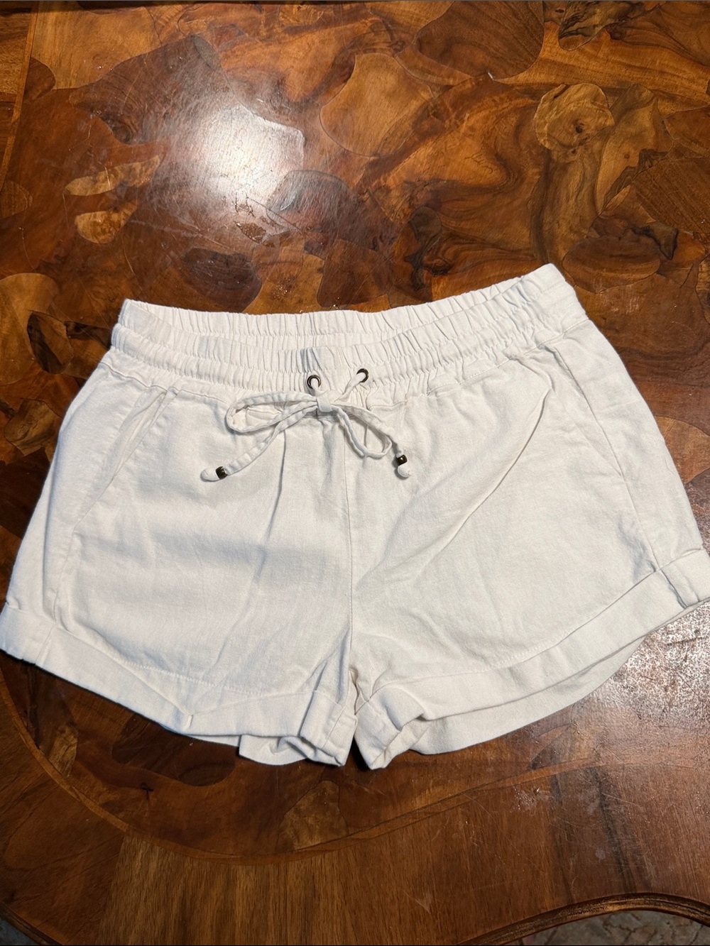 Love Tree White Elastic Waist Drawstring Linen Shorts